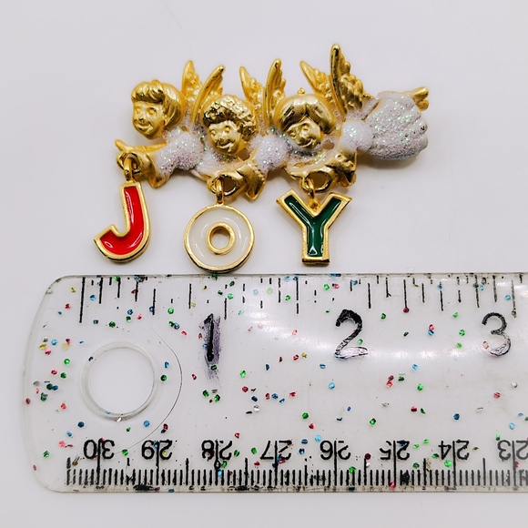 Signed Danecraft Vintage 1990s Gold Tone Enamel Christmas Angels Joy Pin Brooch - Picture 5 of 5